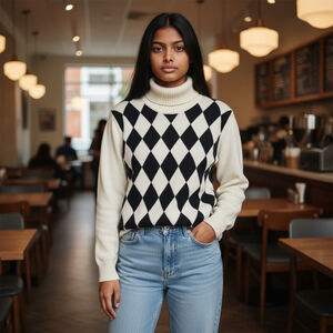 Vintage Cream and Black Diamond Turtleneck Sweater Size M Petite